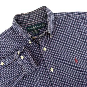 Ralph Lauren Yarmouth Mens 15 32/33‎ Plaid Button Down Shirt Navy Blue Cotton